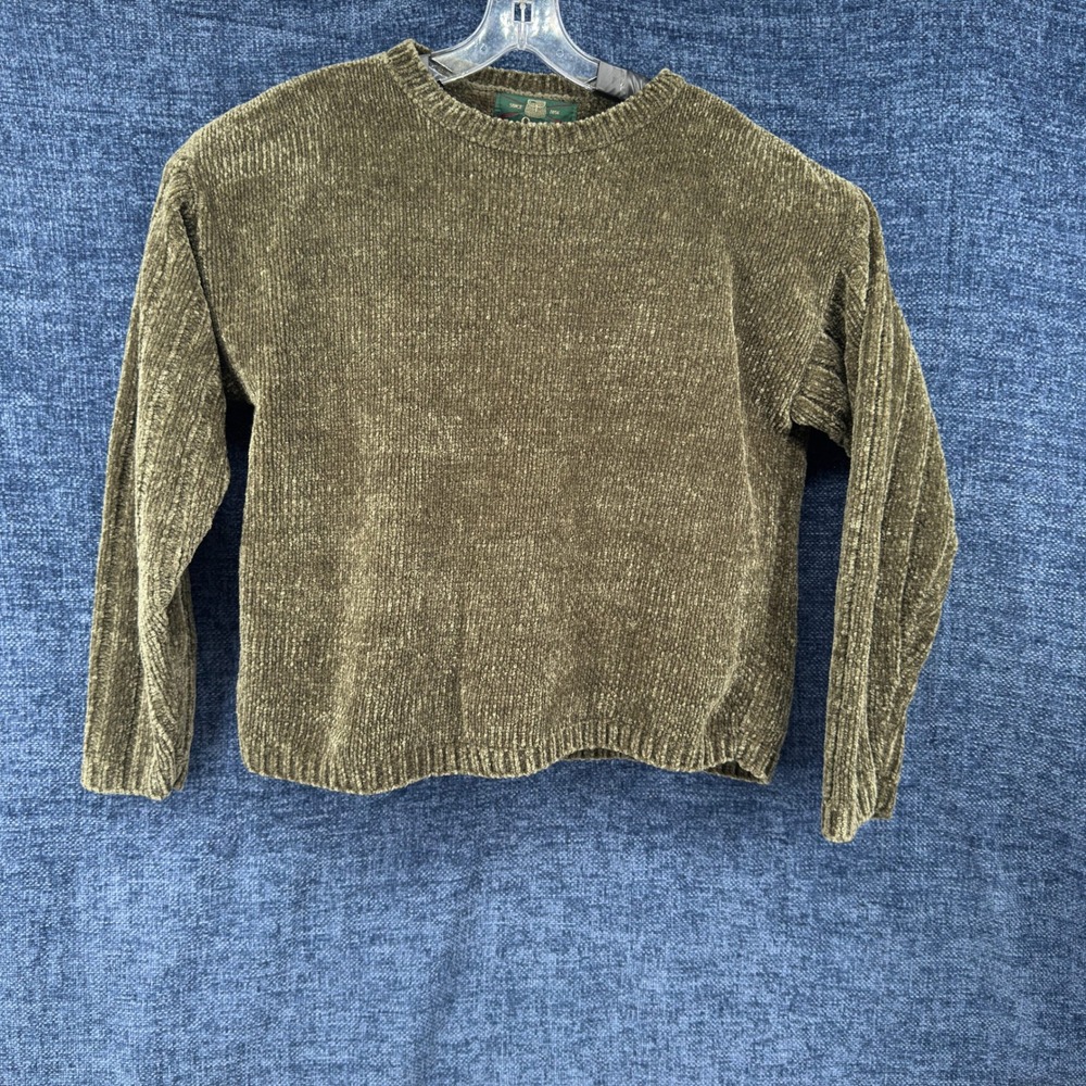 Orvis Chenille Sweater Womens Large Olive Green Acrylic Relaxed Ribbed Crew Neck